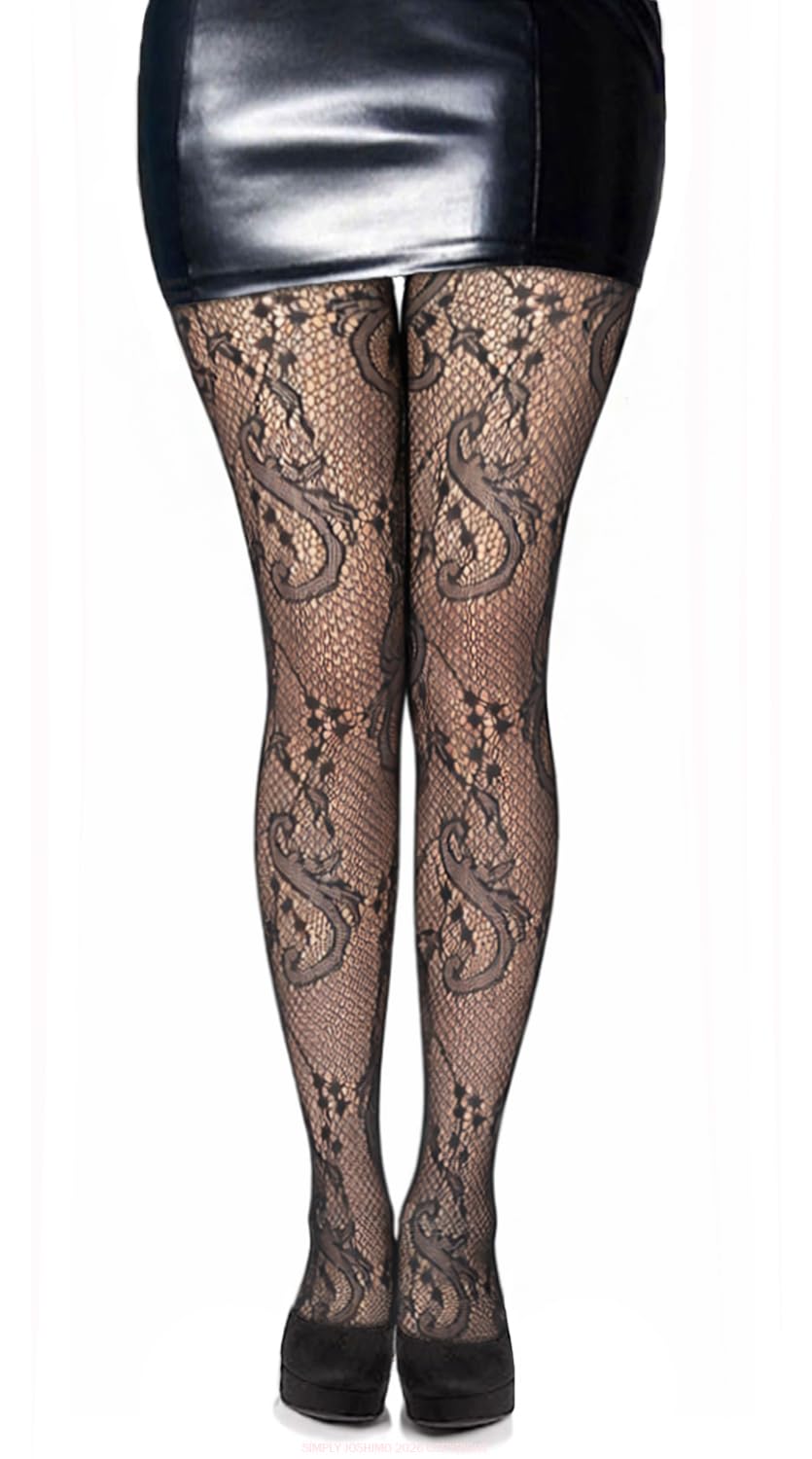 Simply Joshimo Womens Patterned Black Lace Fishnet Net Tights/Fashion Pantyhose With Pattern Prints (Floral Swirls)
