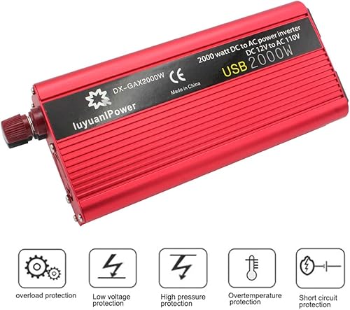 Miniatura 4 de LVYUAN Inversor de corriente de 1200 W2000 W (pico) CC a CA 12 V a 110 V Inversor de coche CC 12 V con adaptador USB de 3.1 A con clips de batería