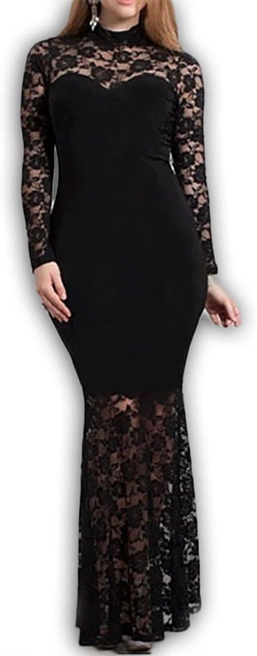 832 - Plus Size Mermaid Lace Maxi Long Sleeves Maxi Cocktail Wedding Prom Evening Dress Gown