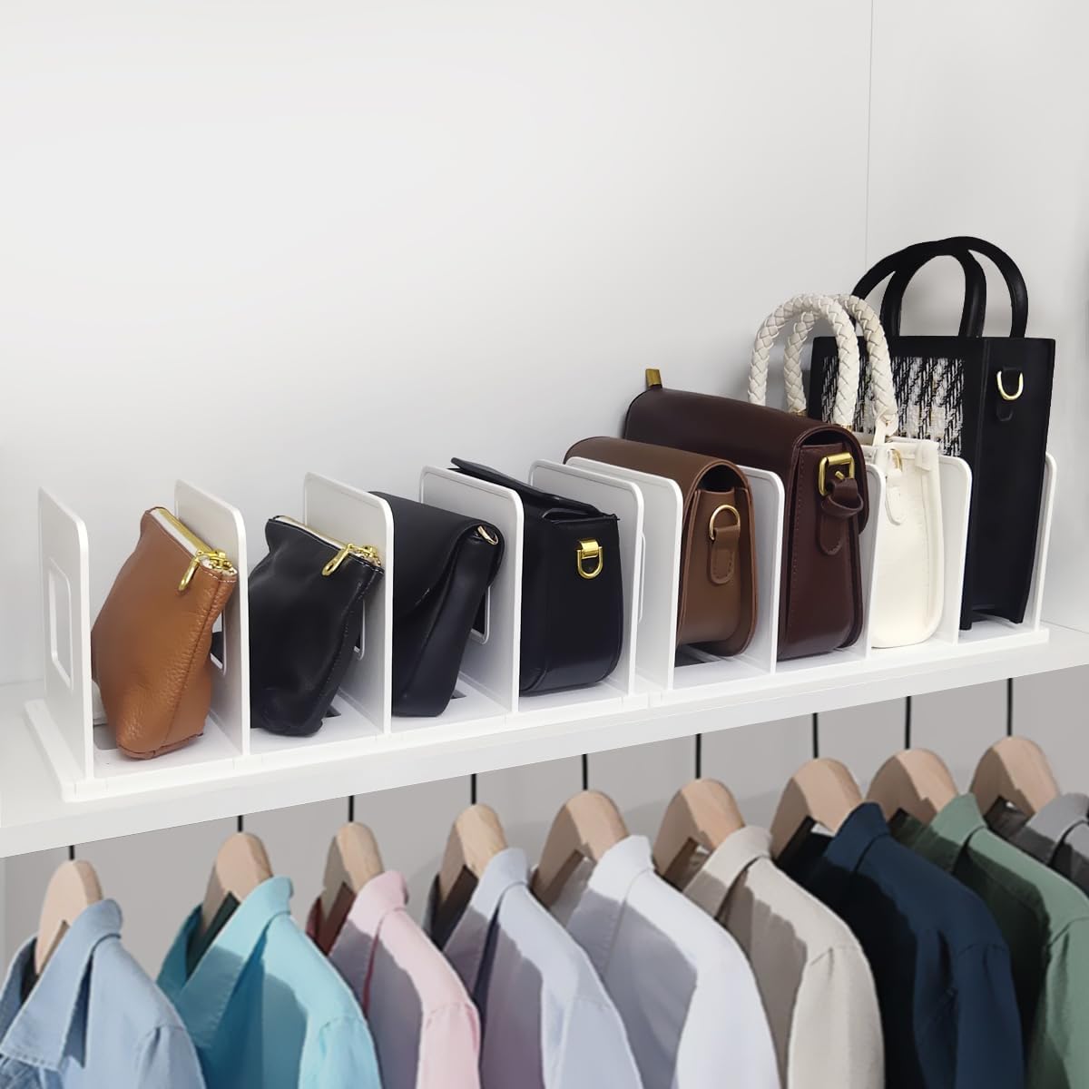 KASTWAVE White Plastic Purse Handbag Organizer, Adjustable Closet Organizer, Organizer for Closet Shelf 10 Divider, for Purse, Handbag, Sweater, Shirts in Bedroom and Kitchen