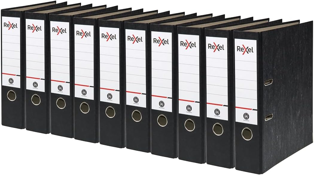 10 x Rexel A4 Lever Arch Files, Black, 500 Sheets Capacity, 75 mm Spine Width, Strong & Durable Paper on Board, Ideal for Filing and Archiving at Home, School and The Office, AZ2115547