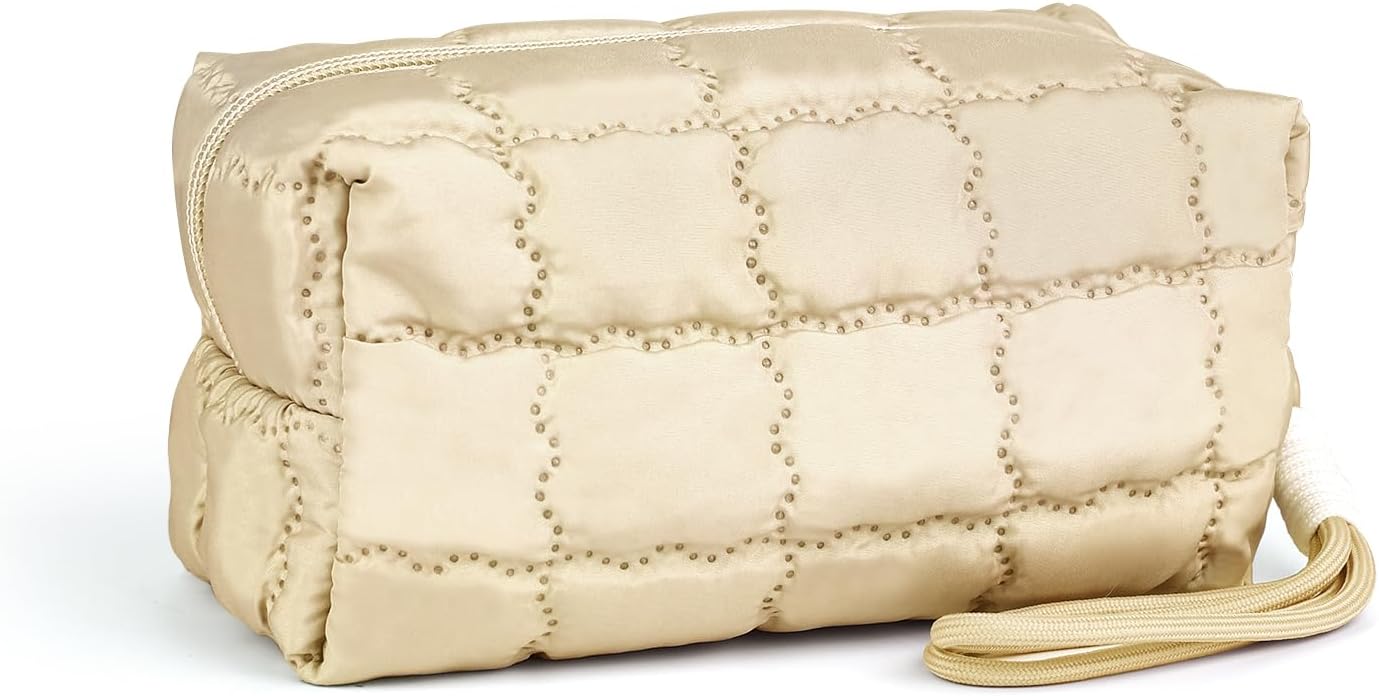 Richeart Makeup Bag Travel Toiletry Bag – Checkered Down Cotton Makeup Pouch for Women with Cosmetic and Pencil, Aesthetic Khaki Design, Small