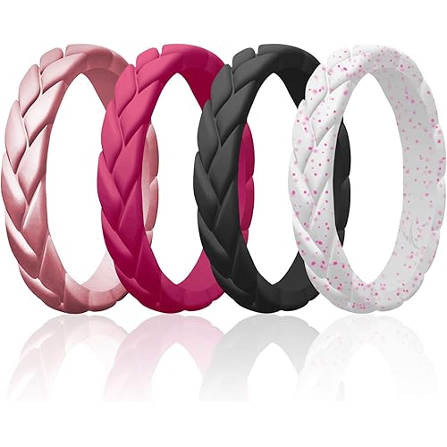 ROQ Silicone Rubber Wedding Rings for Women, Thin Stackable Rubber Silicone Wedding Band, Bridal Jewelry Set, Anniversary Rings, Promise Ring, Flame Leaves & Leaves Style, Multi Packs, Multi Colors