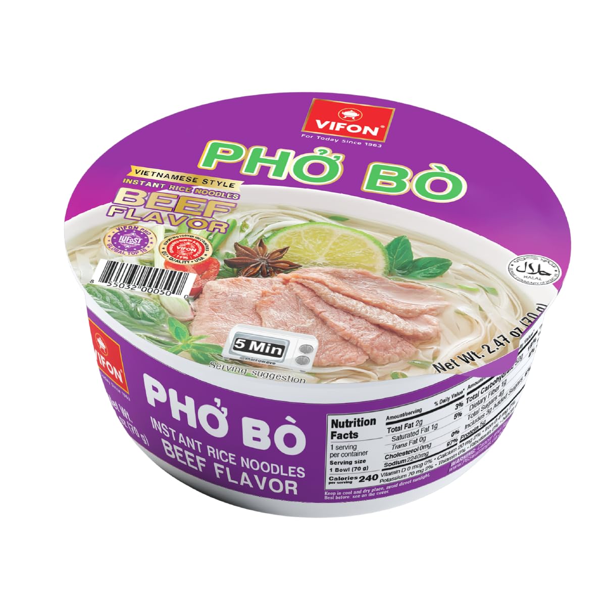Pho Bo Vietnamese Beef Flavor Rice Noodle Bowl, 70g (Pack of 12) | Authentic Vietnamese Instant Pho | Halal Certified | Includes Seasoning & Oil Packets | Ready in 3 Minutes