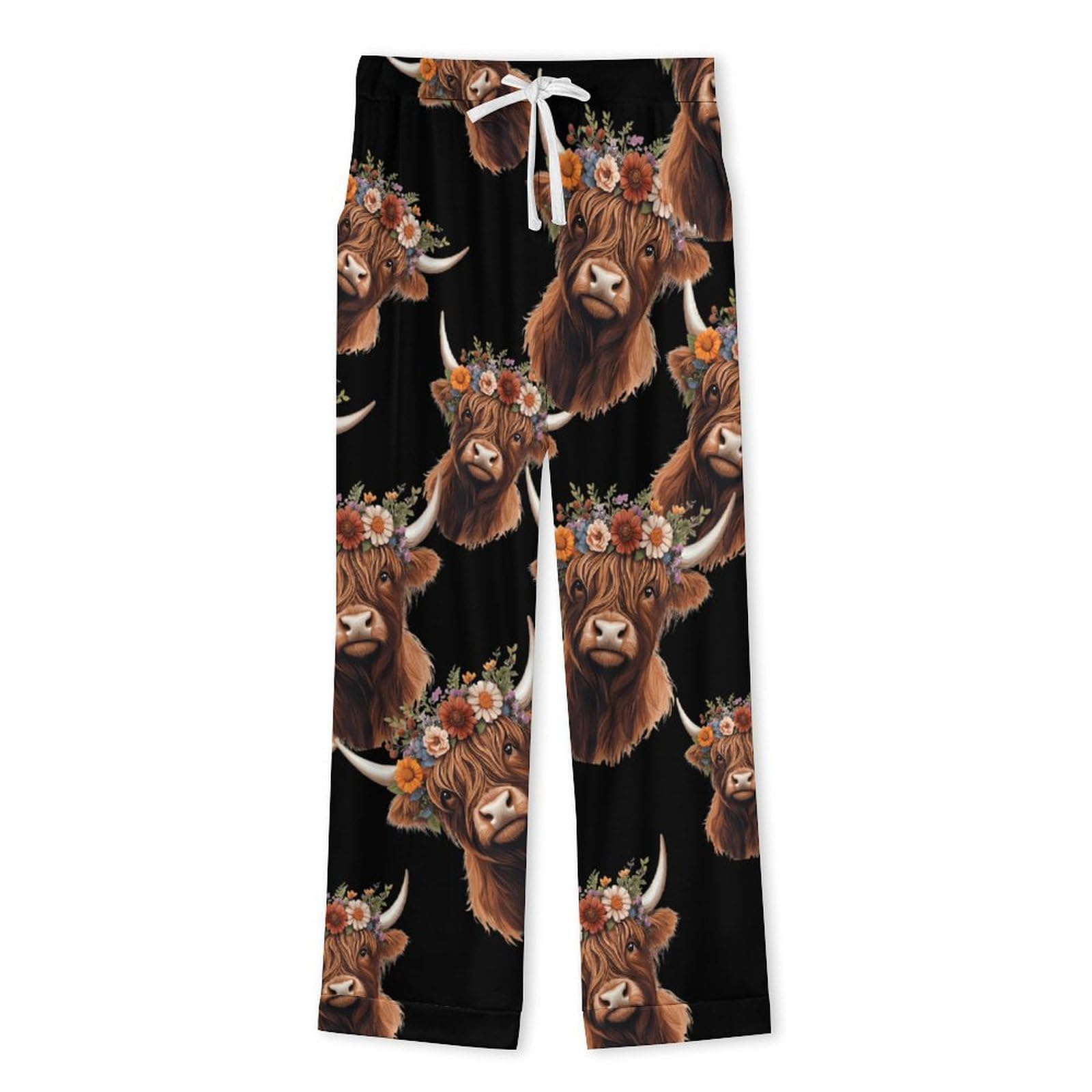 Conjunto de pijama para mujer, diseño de vaca de las Tierras Altas con flores, de manga larga, con botones, ropa de descanso, ropa de dormir