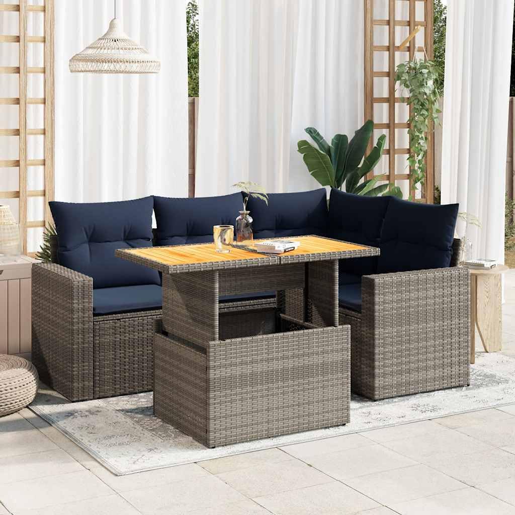 Salon de Jardin 5 pcs avec Coussins Gris Bleu Marine en résine tressée canapé d Angle extérieur avec Rangement pour Patio terrasse Table Basse Convertible et Repose-Pieds imperméable