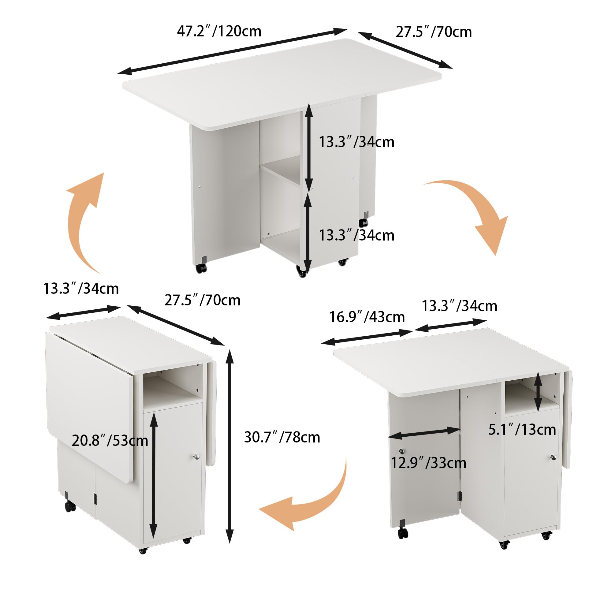 Mesa de comedor plegable con ruedas, mesa de cocina para 4 a 6 personas con gran mueble de almacenamiento, ideal pequeño espacio de cocina, comedor, 120 x 70 cm, color blanco