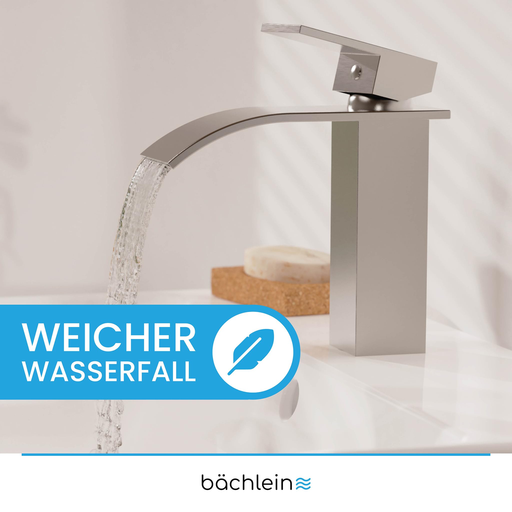 Bächlein Bateria łazienkowa Tamina w stylu wodospadu, jednouchwytowa bateria z trwałym wkładem ceramicznym i zestawem montażowym, bateria łazienkowa ze stali nierdzewnej