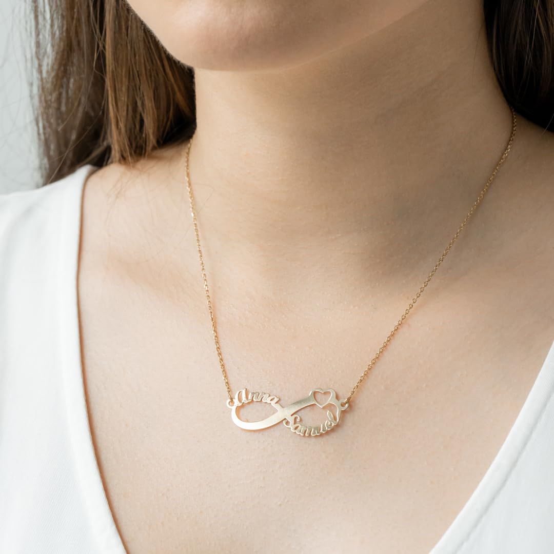 Collar Infinito Personalizado en Plata de Ley 925 con Corazón Fecha y Nombres con cadena Rolo de 40 cm + Alargador. Regalo de San Valentín, Día de los Enamorados. Hecho en España (Plata Bañada Oro)