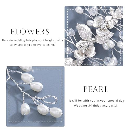 Miniatura 3 de Easedaily Boda de novia pelo vid plata flor hoja nupcial tocados perla pelo accesorios para mujeres y niñas, Perla