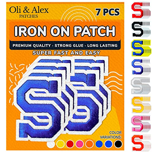 Oli and Alex Iron On Letters 2.4 inch - 7 pcs of S Blue Patches Letters for Clothing - Super Glue - No sew Needed - Embroidery Alphabet Football Team School University - Blue, S