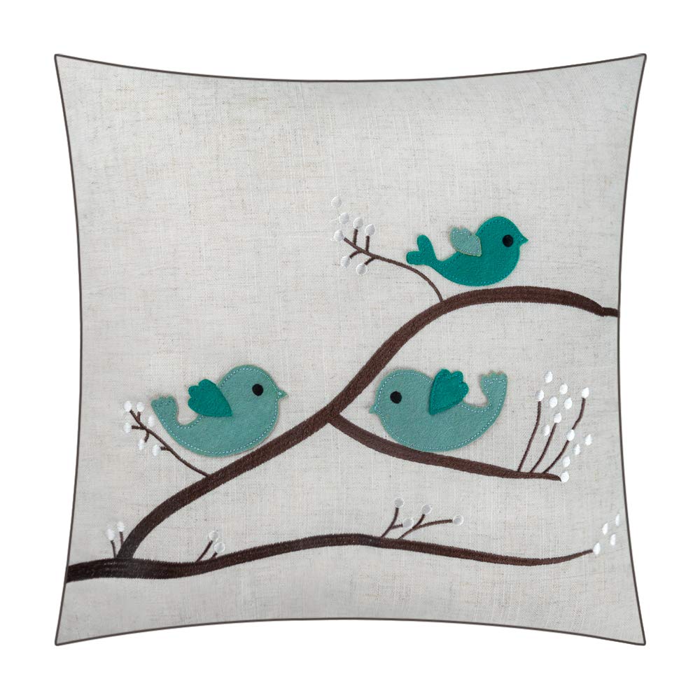 JWH Birds Pillow Covers 18x18 Decorative Throw Pillow Tree Embroidered Accent Pillow Cases Teal Cushion Cute for Home Couch Bed Living Room Bedroom