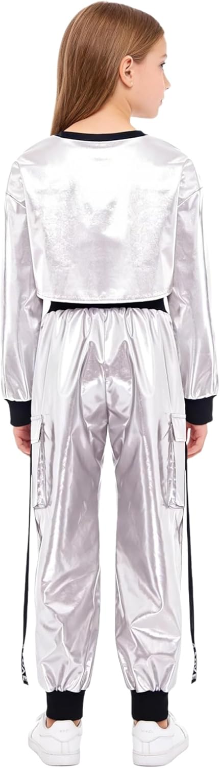 renvena Girls Long Sleeve Metallic Crop Tops Hip Hop Dance High Waist Pants Fashion Disco Clubwear for Kids Ivory 16 Years