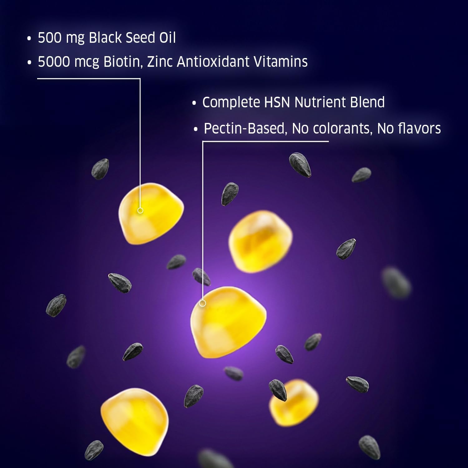 ORZAX Black Seed Oil HSN Gummies 500mg – Hair Skin Nails Support with Biotin, Vitamin C, A, E & Zinc – Pectin Based Gummy