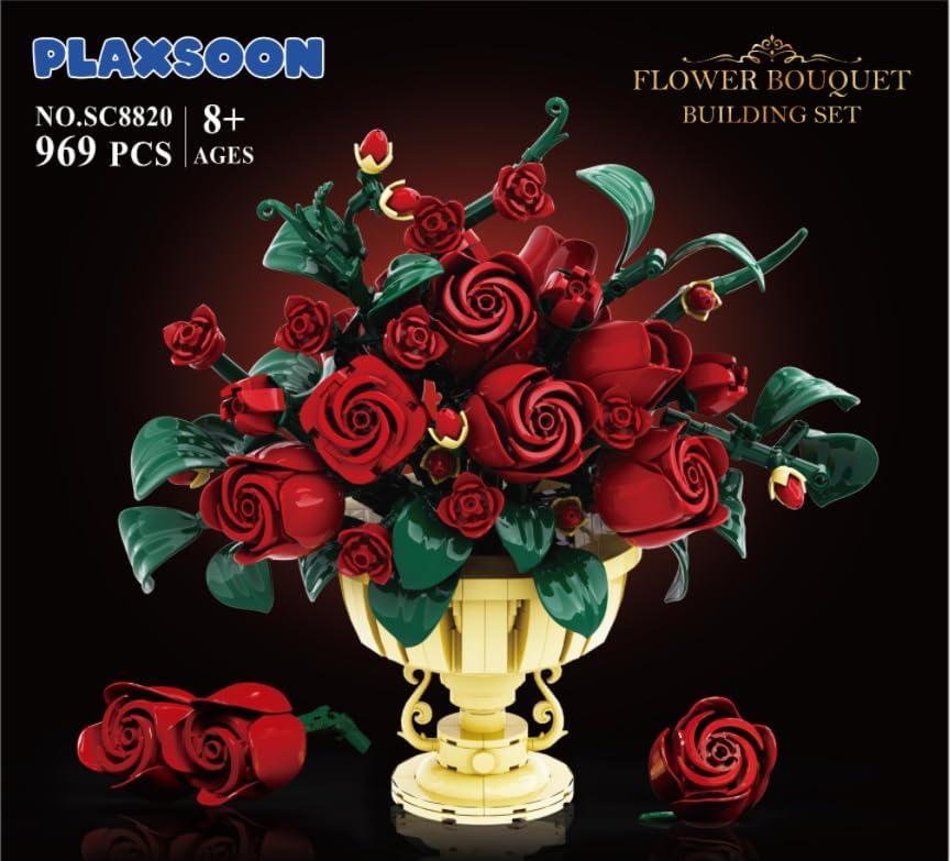 PLAXSOON Rose Flower Building Set box and assembled product.
