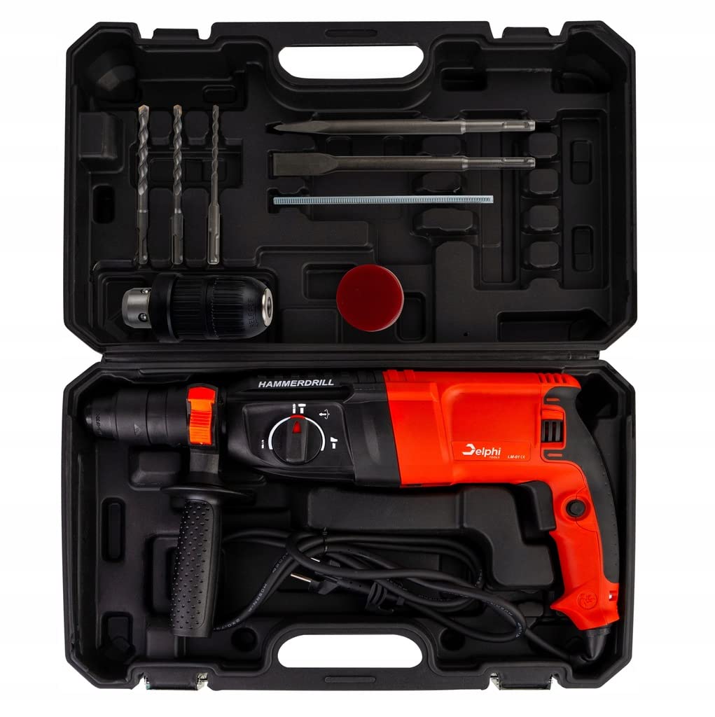 Delphi Set Trapano a Percussione SDS Plus 800W-2600W, 4J, 4000/min, con 3 Punte 6/8/10mm, Martello per Foratura, Impugnatura Aggiuntiva, 15 Accessori Inclusi