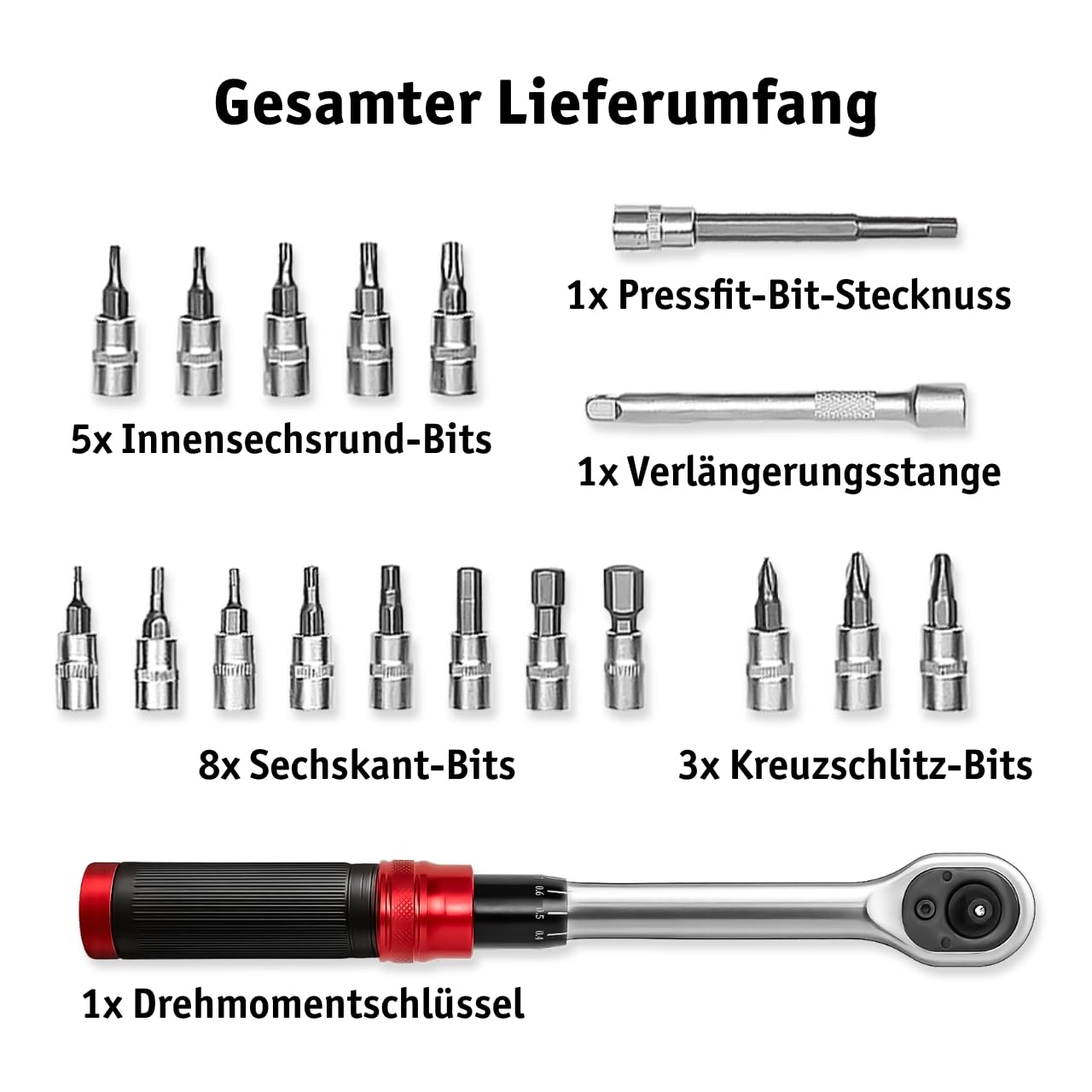 WALTER Fahrrad Drehmomentschlüssel Set 2–24 Nm – 21-tlg. Werkzeugset Ratsche mit Bits, 1/4" Umschaltknarre – sicheres Drehmoment Werkzeug für MTB, E-Bike, Rennrad, Scooter