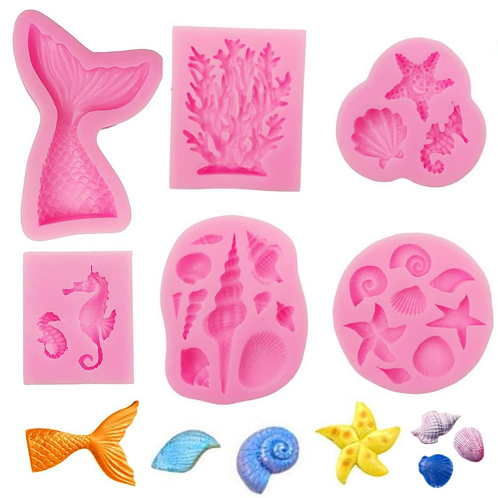 6 Pcs Sea Life Theme Silicone Fondant Mold Ocean Seashell 3D Shaped Molds Mermaid Cake Decorations Baking Mold for Cake Chocolate Candy Fondant Muffin Ice Jelly