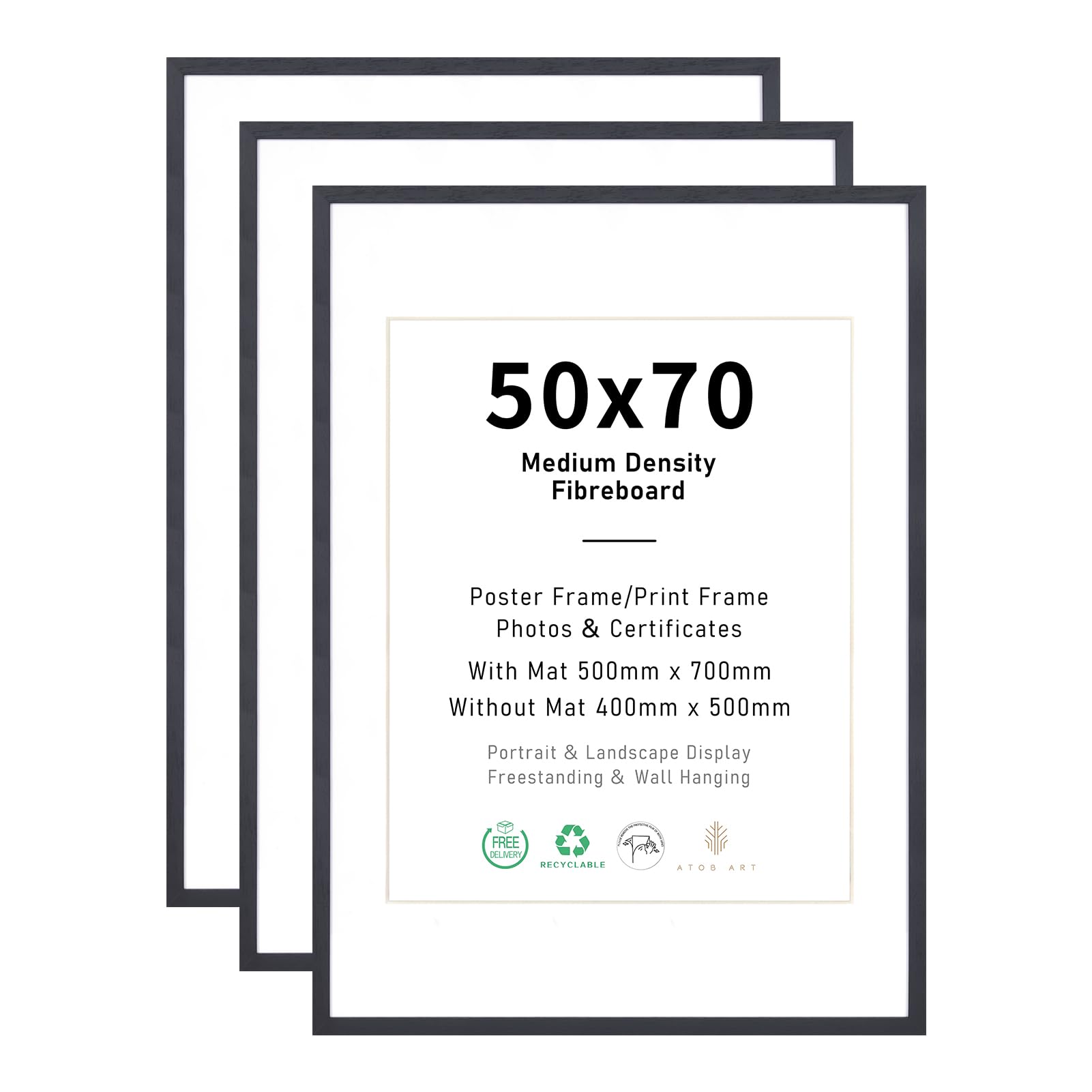 50x70 Picture Frame Set of 3, Display 40x50 with Mat or 50x70 without mat Images, Black Wood Photo Frames for Wall Mounting Display — image 1