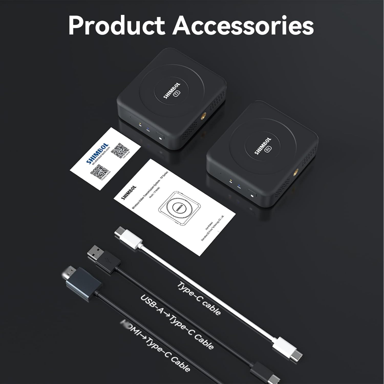 Included accessories for Shimbol TP Nano system: transmitter, receiver, manual, and various USB-C cables