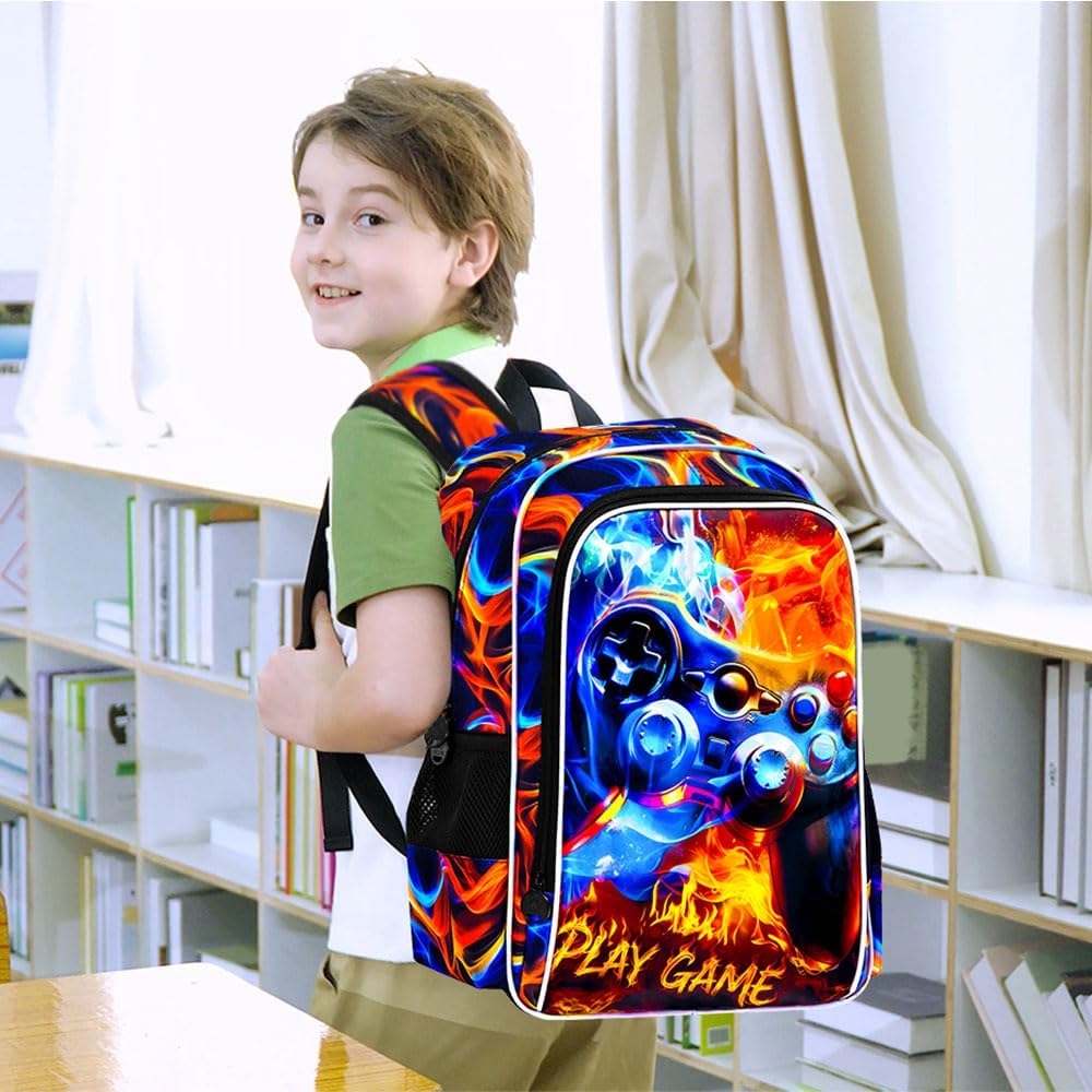 UFNDC 3PCS Backpack Set for Boys Kids, Game School Bag with Fire Bookbag and Lunch Box, 17 Inch Water Resistant for Elementary Middle Teenagers