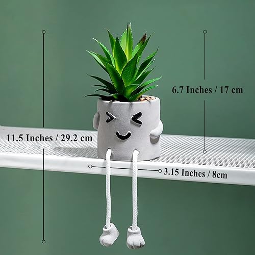 Miniatura 2 de Mini cactus realistas suculentas artificiales con pies colgantes sonrientes, plantas suculentas falsas en maceta de hormigón gris, macetas modernas