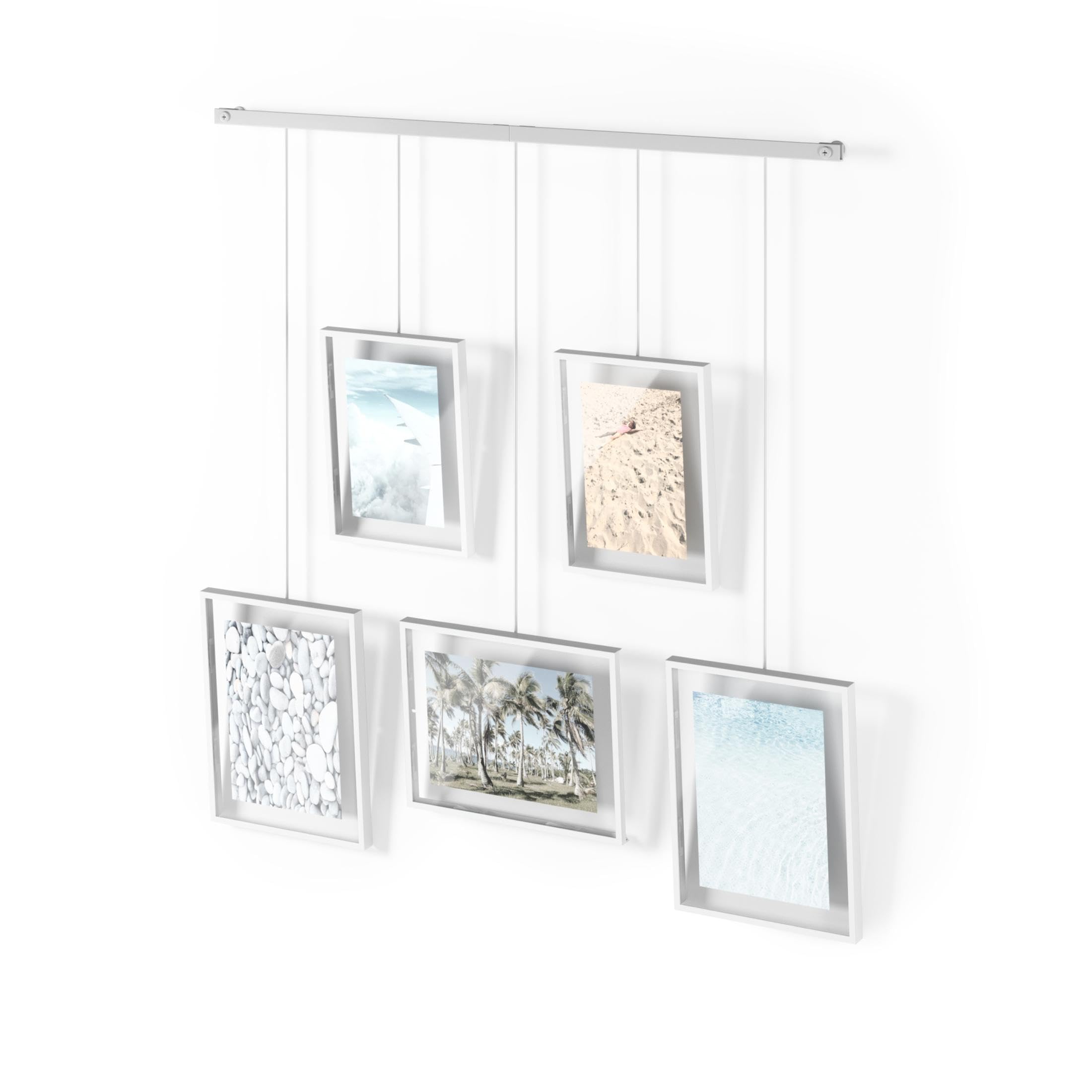 Exhibit Picture Frame Gallery Set, Adjustable Wall Collage Displays Five Photos (Two 4x6 and Three 5x7), Set of 5, White