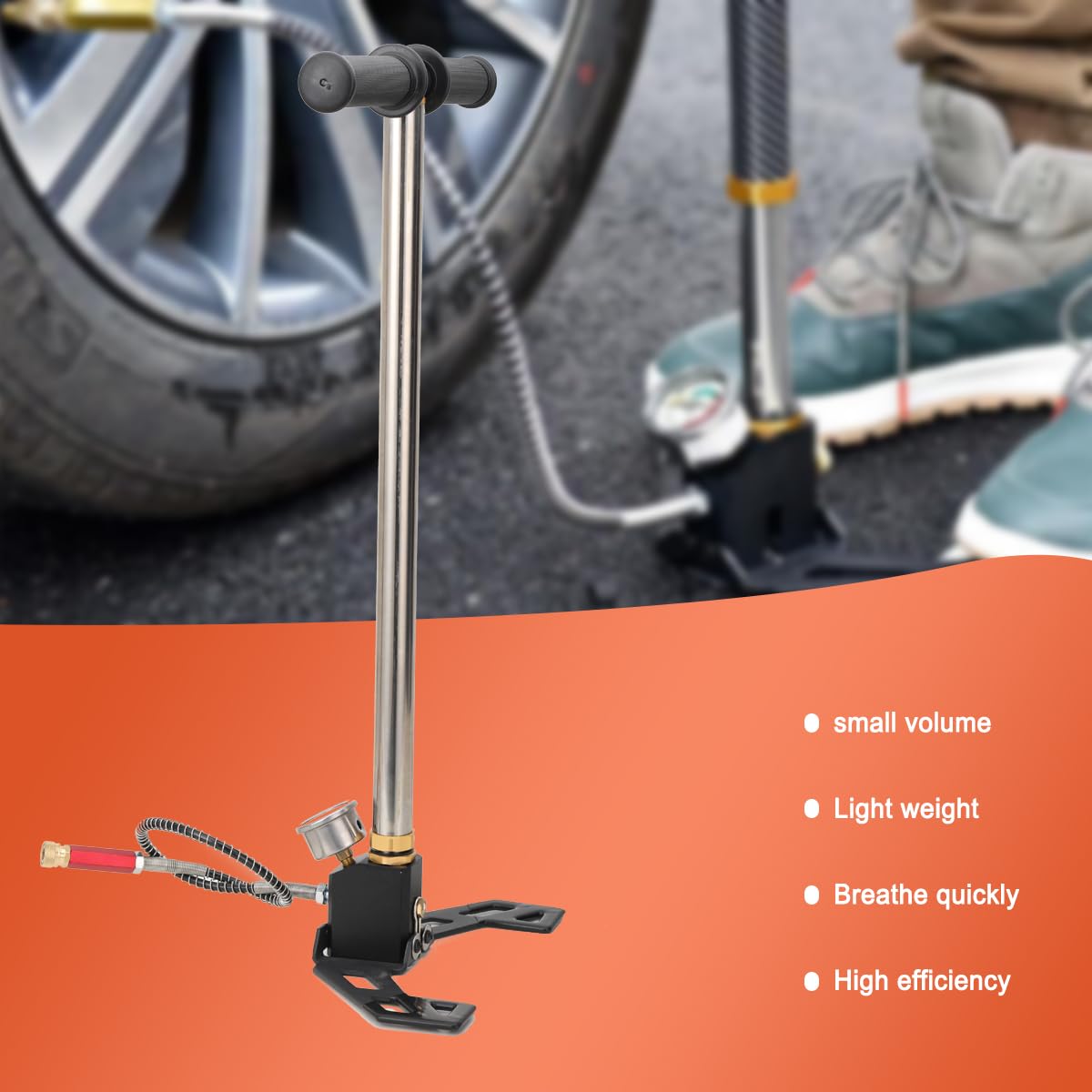Bomba de Aire 4500 PSI, Bomba Manual de Alta Presión de 3 Etapas Inflador de Aire de Bomba con Manómetro, Bomba de Mano de Acero Inoxidable para Bicicleta, Plegable