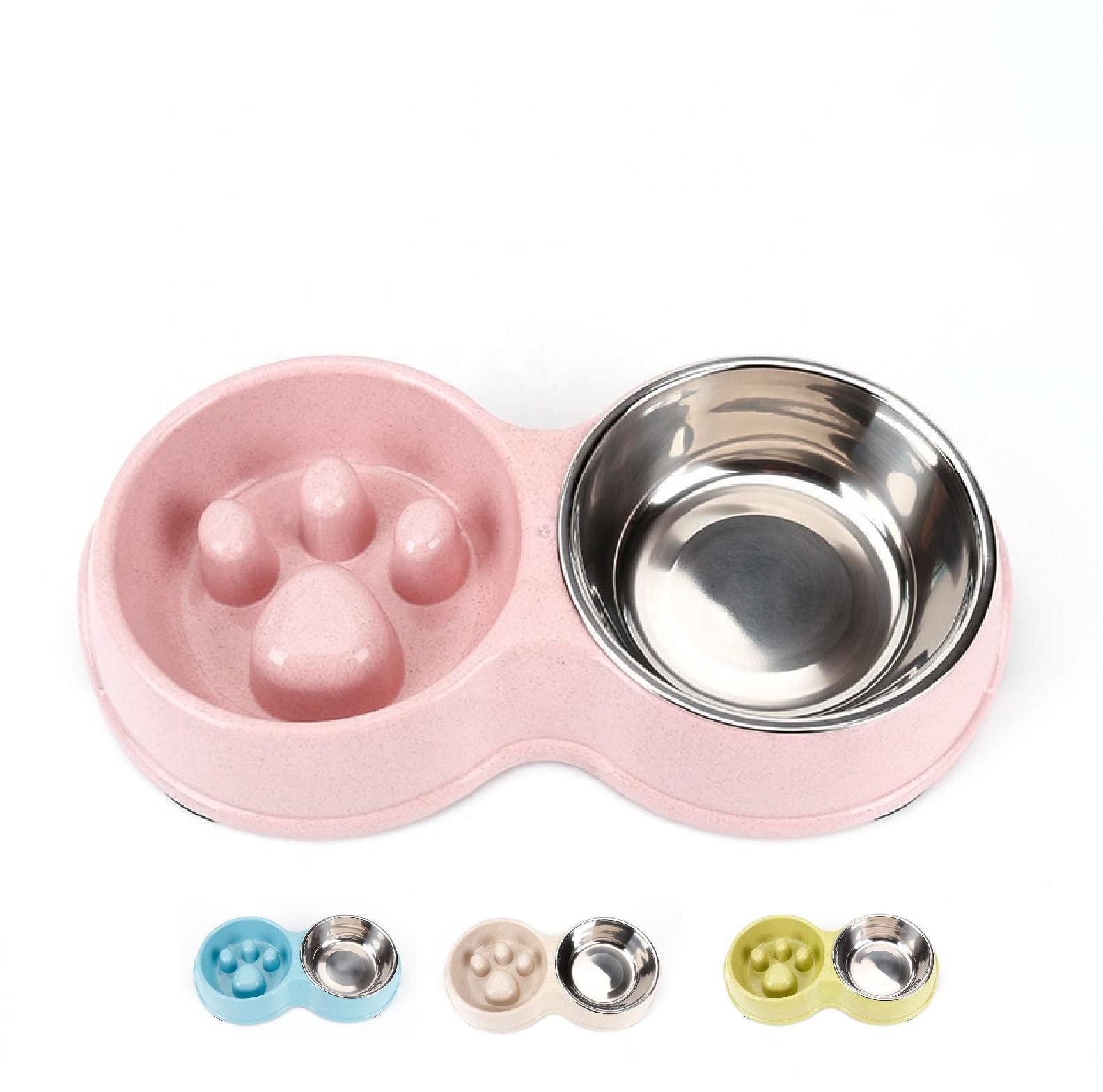JACKO & CO - Double Slow Feeder - Food and Water Bowls for Pets - Puppies, Small and Medium Size Dogs and Cats - Removable Stainless Steel Bowl - Non Slip - Anti Choke - Easy to Use (Pink)