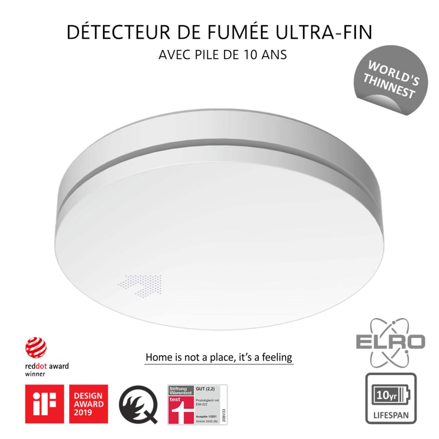 Détecteur de Fumée ELRO FS4610 | Le Détecteur de Fumée Le Plus Fin du Monde | Batterie 10 Ans | Conforme à la Norme Européenne EN14604 | Blanc | 1 Pièce