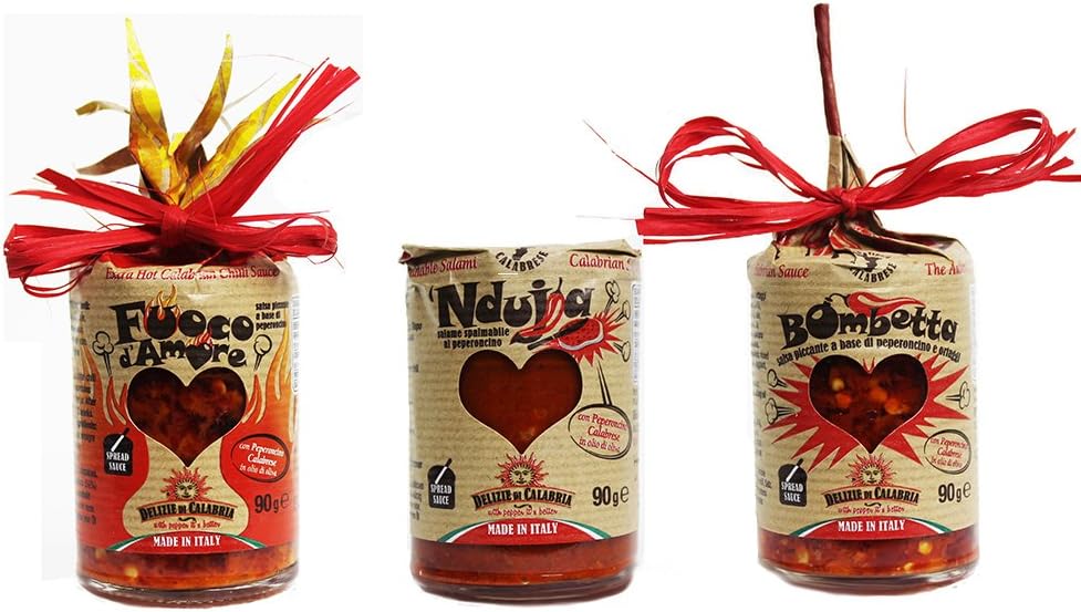 3 HOT Pepper SAUCES Mini Box - Love Bomb Red Hot Pepper Sauce 90g + Nduja Spicy Spreadable Hot Salami 90g + Fire Hot Chilli Sauce 90g The Original