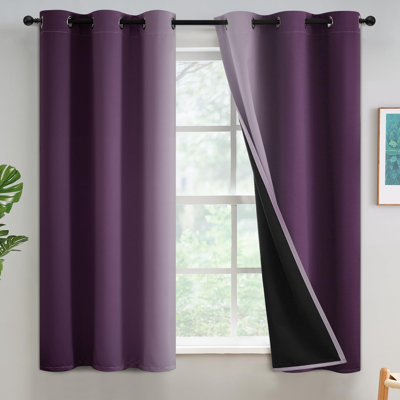 Yakamok 100% Blackout Curtains 54 inches Long,Room Darkening Purple Curtains Ombre for Bedroom Grommet Thermal Insulated Gradient Curtains for Living Room,2 Panels,42x54 inch โ image 1
