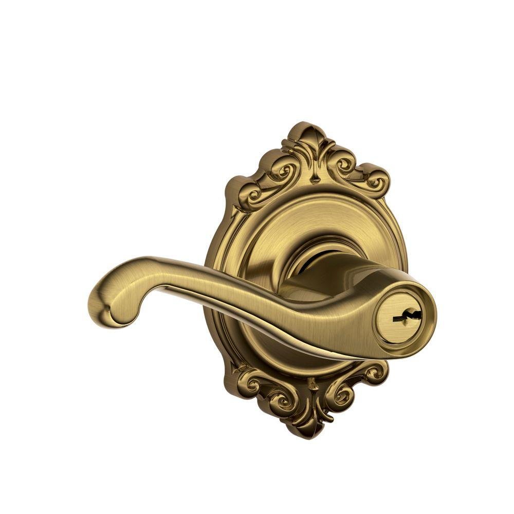 SCHLAGEF51A Fla 609 Brk Flair Lever With Brookshire Trim Keyed Entry Lock, Antique Brass