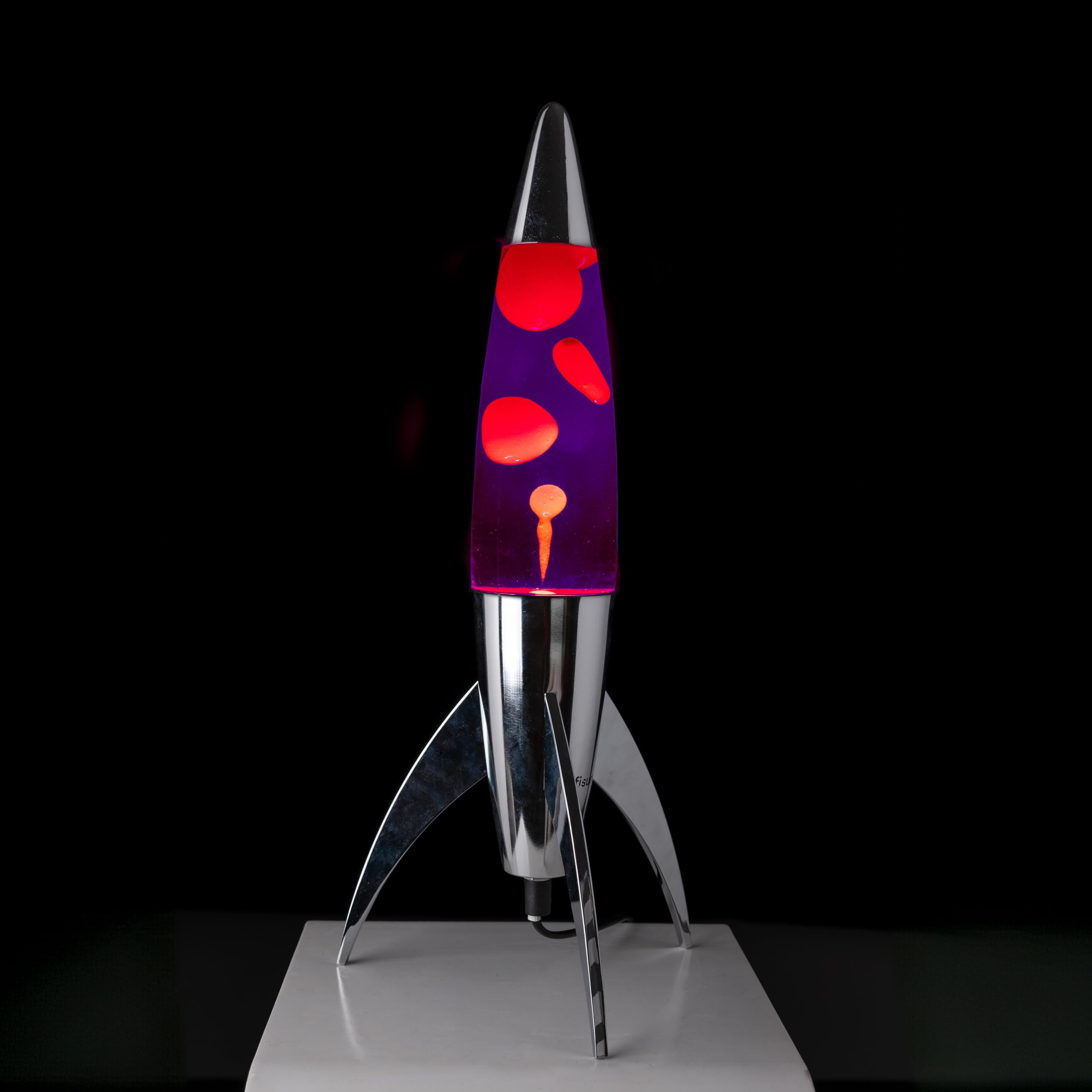 Fisura - Fioletowa lampa lava "rocket". Chromowana podstawa, fioletowy płyn i czerwona lawa. Retro lampa lava z zapasową żarówką. 20 cm x 20 cm x 45 cm.