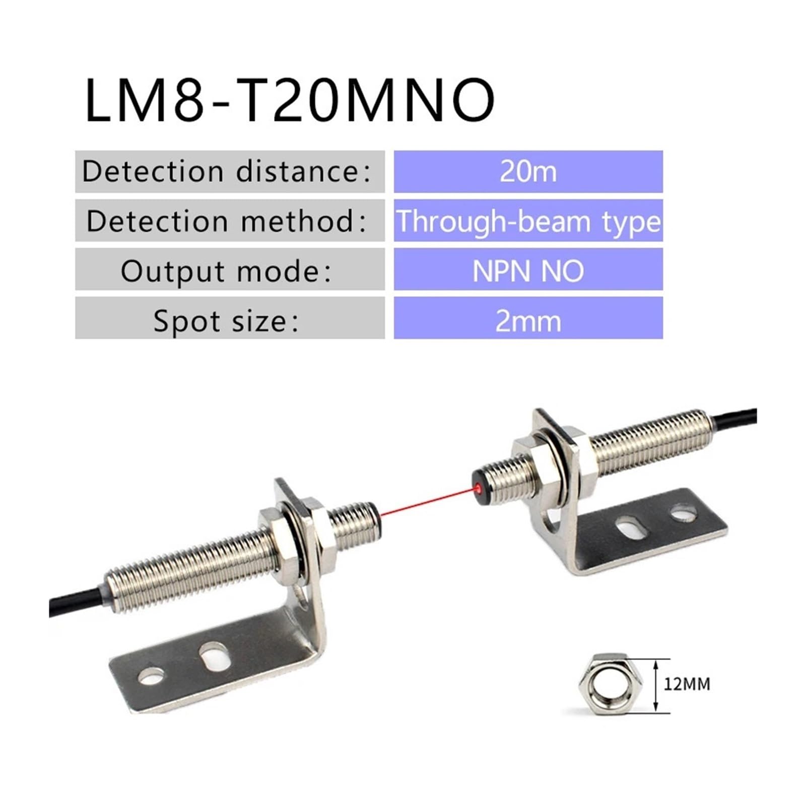 Sensor fotoeléctrico de infrarrojos Sensor de interruptor fotoeléctrico de haz cilíndrico M8, inducción de luz visible infrarroja, punto 2mm(LM8-T20MNO)