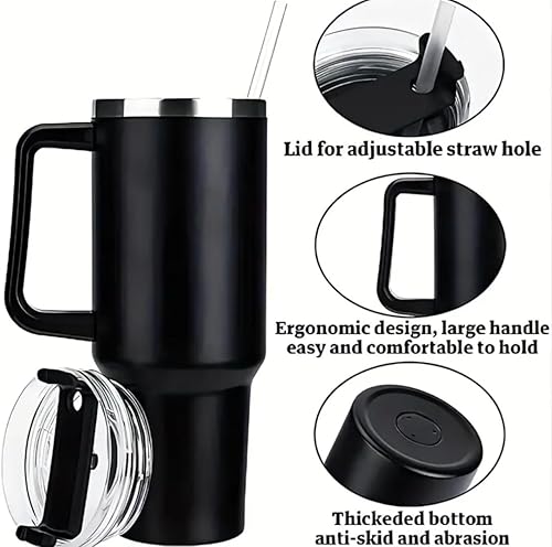 Miniatura 5 de Vaso de 40 onzas con asa y tapa con popote, botella de agua de acero inoxidable de doble pared con aislamiento, perfecta para bebidas frías y