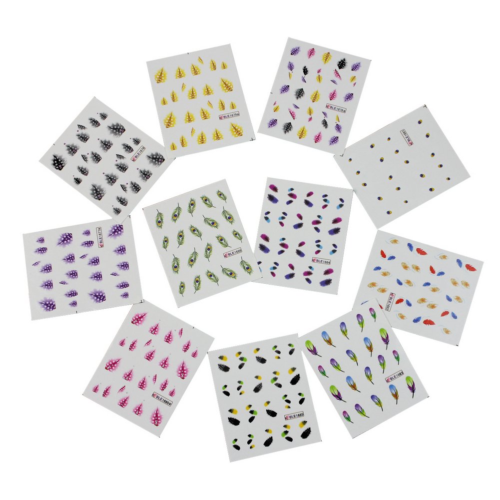 11PC Colorful Beauty Feather Water Transfers Stickers Decals Nail Art Manicure