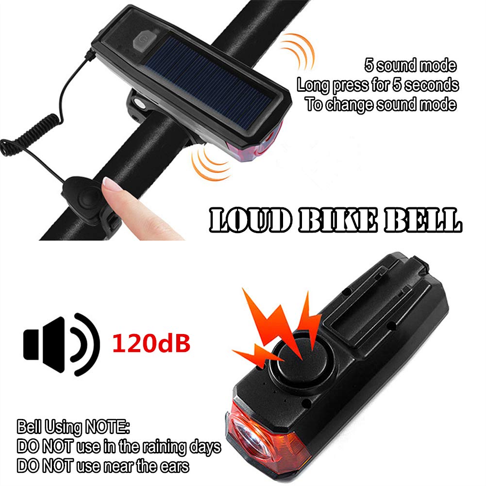 WASAGA Faro per Bici, Luce Frontale per Bicicletta Ricaricabile a 4 modalità Smart USB alimentata a energia Solare con Campana per Bici per Ciclismo Guida di Sicurezza Altoparlante a LED