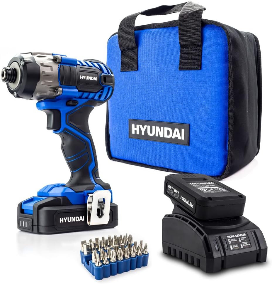 Hyundai 20V MAX 180Nm LiIon Cordless Impact Driver and 32Piece Drill