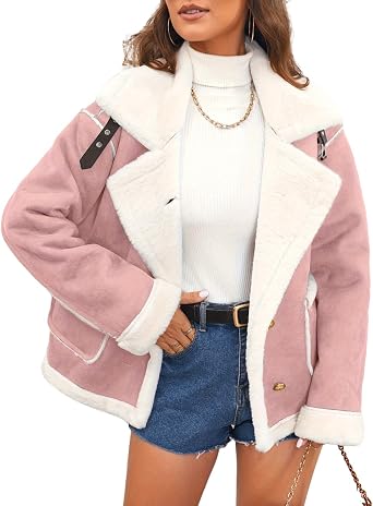 INVACHI Womens Faux Suede Jacket Fur Lined Sherpa Jacket Notch Lapel Button Down Winter Coat with Pockets