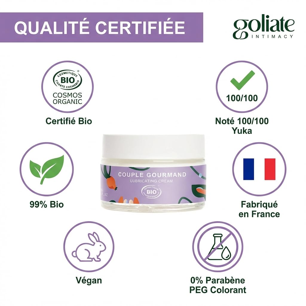 Goliate Huile de Massage Comestible et Lubrifiant Intime 2en1 Bio 50ml — Le Couple Gourmand, Certifié COSMOS ORGANIC par Ecocert, Végan, Fabriqué en France