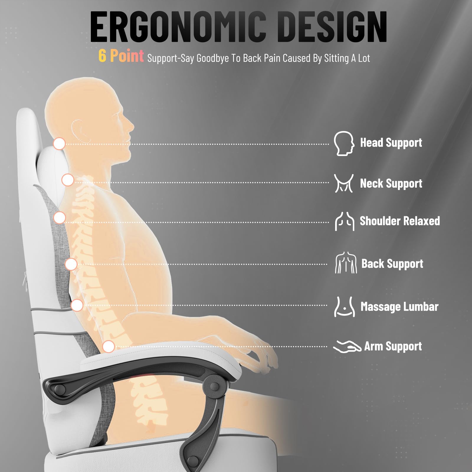 Ferghana Sedia Gaming,Sedia da Gaming Ergonomica,Sedia Gamer con Cuscino Lombare Massaggio，Poggiatesta，Poggiapiedi，Reclinabile，Professionale Sedia da Ufficio Gaming (Bianco,Tessuto di lino)