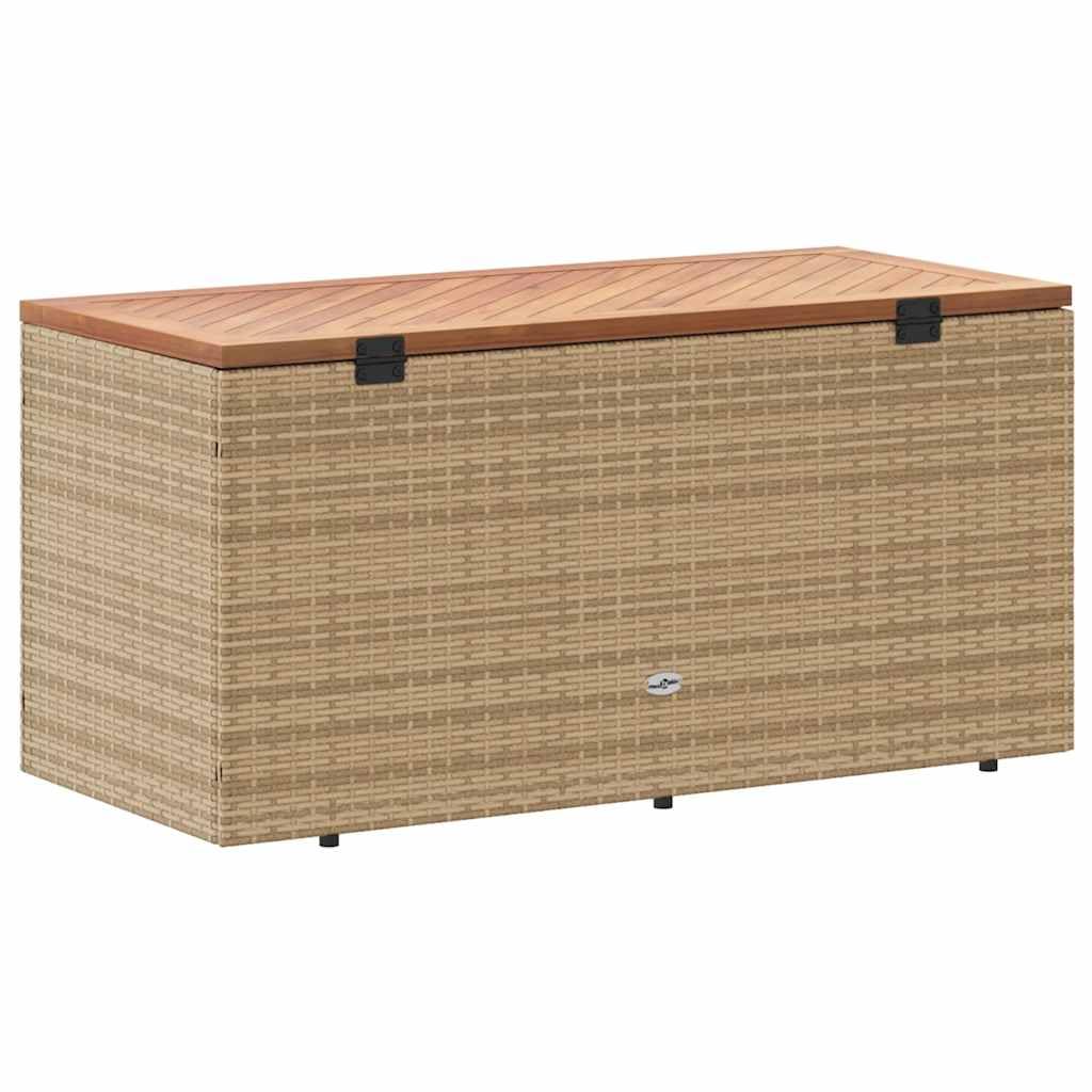 Baule da giardino beige, 110 x 50 x 54 cm, in polyrattan con piano in legno di acacia, contenitore da giardino impermeabile, per riporre cuscini, terrazza, balcone, esterno