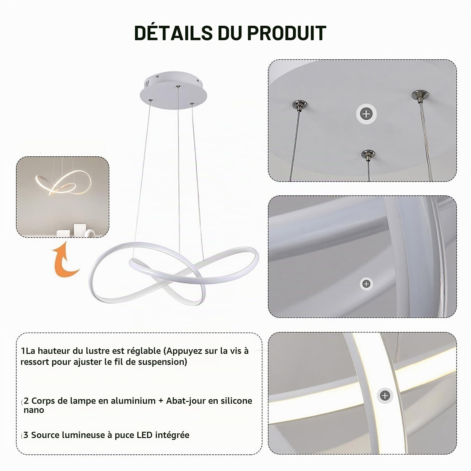 LED Suspension Luminaire, 30W Lustre Chambre avec Télécommande Dimmable, 50CM Lustre Cuisine LED Réglable en Hauteur, Plafonnier Salon Moderne pour Salle à Manger, Salon, Cuisine