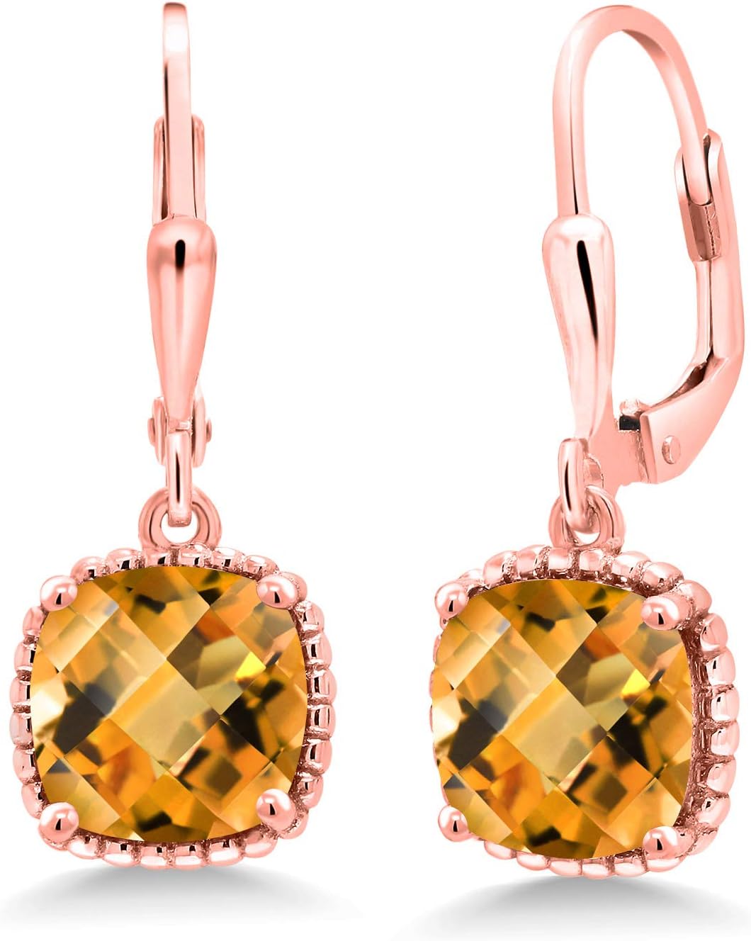 Gem Stone King 18K Rose Gold Plated Silver 8MM Cushion Gemstone Birthstone Drop Dangle Earrings | Leverback Gold Earrings For Women