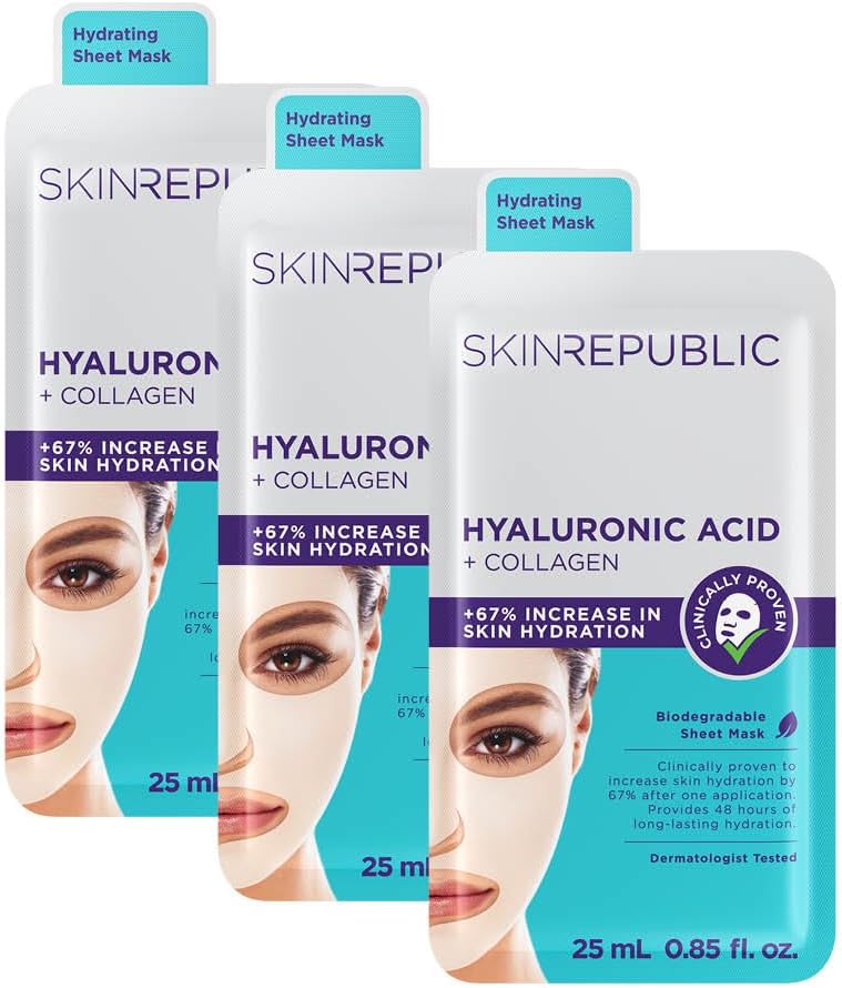 Skin Republic Hyaluronic Acid + Collagen Sheet Mask Clinically Proven to Provide 48-Hours of Long-Lasting Hydration. Made in Korea. (Pack of 3)