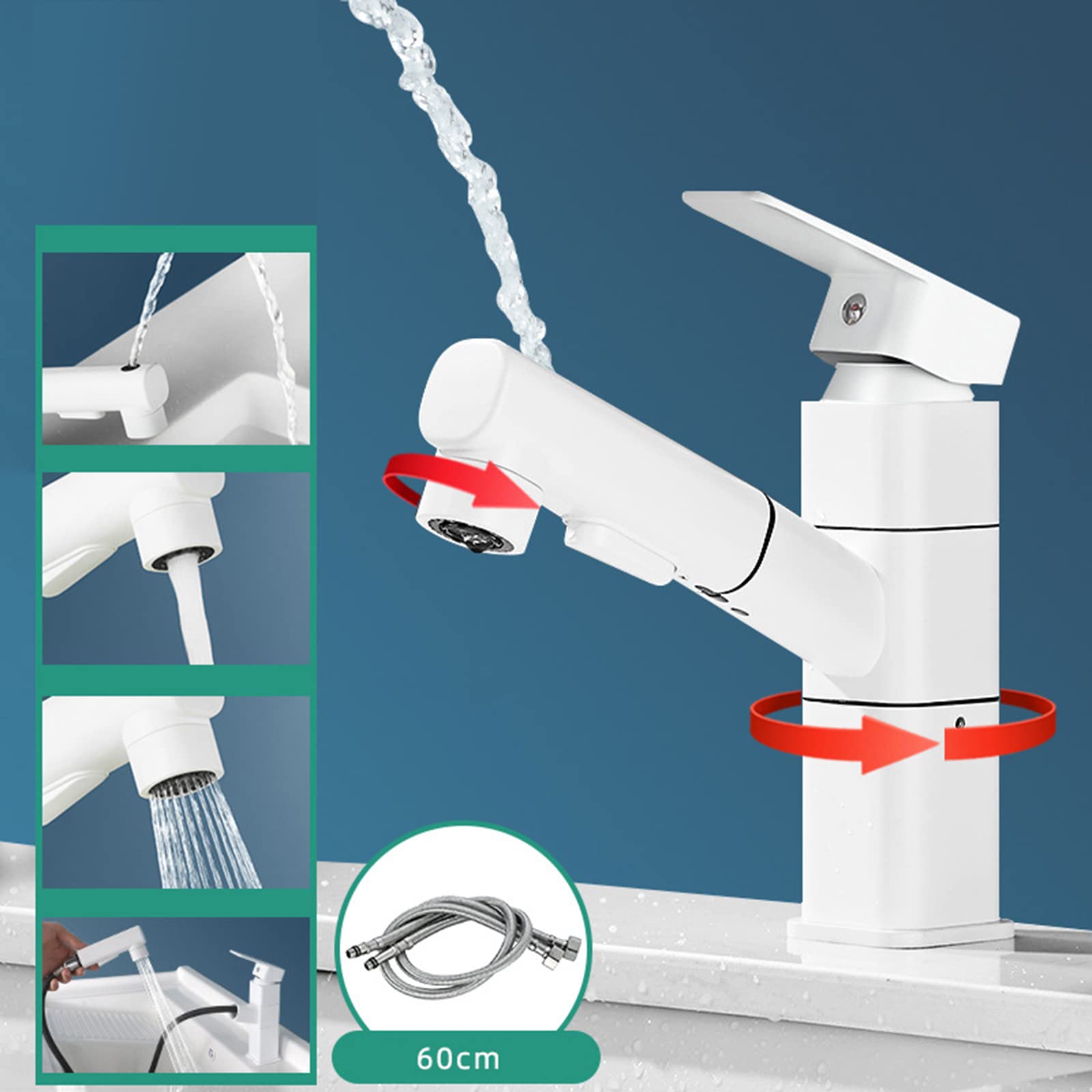 Generico Rubinetto da Bagno Miscelatore Girevole con Doccetta Estraibile per Lavabo da Cucina E Bagno Bianco-Quadrato Inferiore