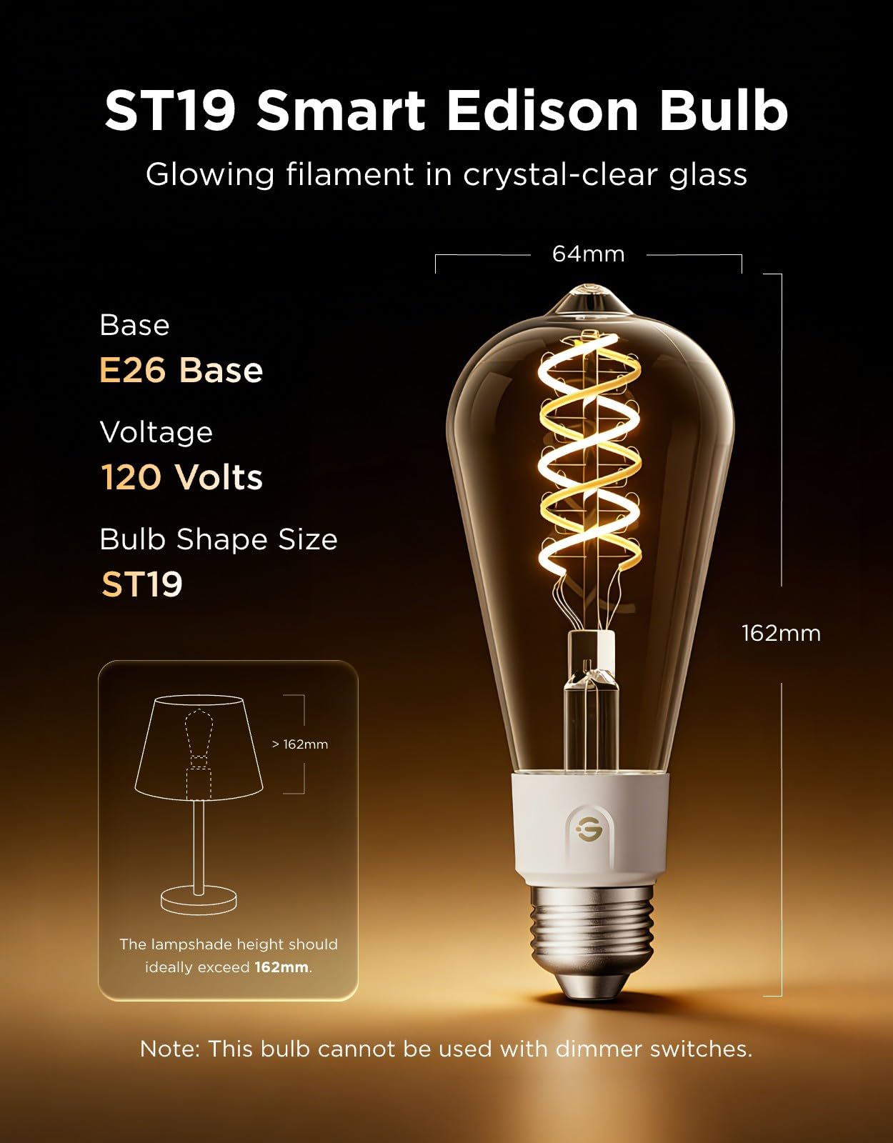 Govee Smart Edison Bulbs, ST19(58) LED Vintage Filament Light Bulb, RGB Color Changing and Tunable White, Compatible with Matter, Alexa and Google Assistant, 500lm, E26 Base for Kitchen Island, 4Pack — view 3