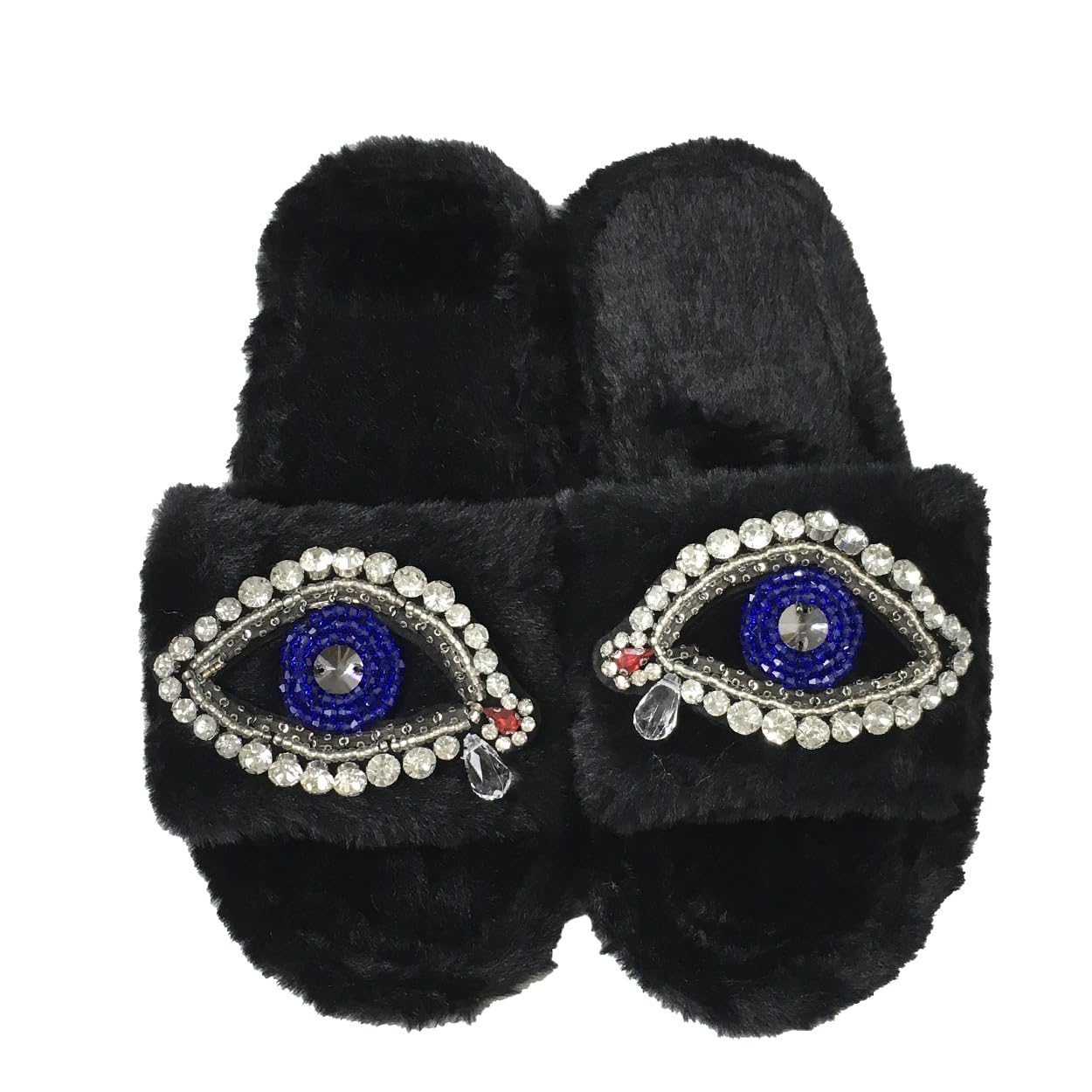 Fashion Culture Women's Beaded Evil Eye & Rhinestone Plush Faux Fur Slide Slippers