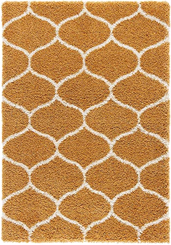 Image of Handwoven Microfibre 3D Rug for Living Room (Gold &Ivory Moraccan, 5 X 8 Feet, Microfibre)